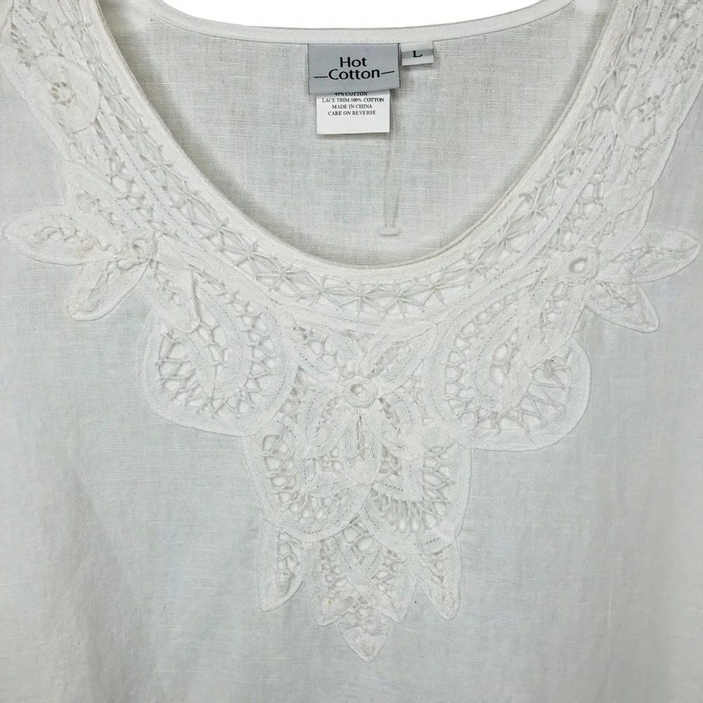 NEW Hot Cotton Linen Top Size Large White Crochet Lagenlook 3/4 Sleeves - Picture 3 of 7